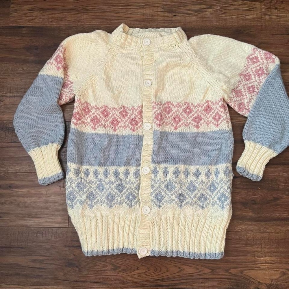 Vintage Cream Pink Pastel Handknit Fairisle Cardigan Sweater Fairy Boho‎ Cottage
